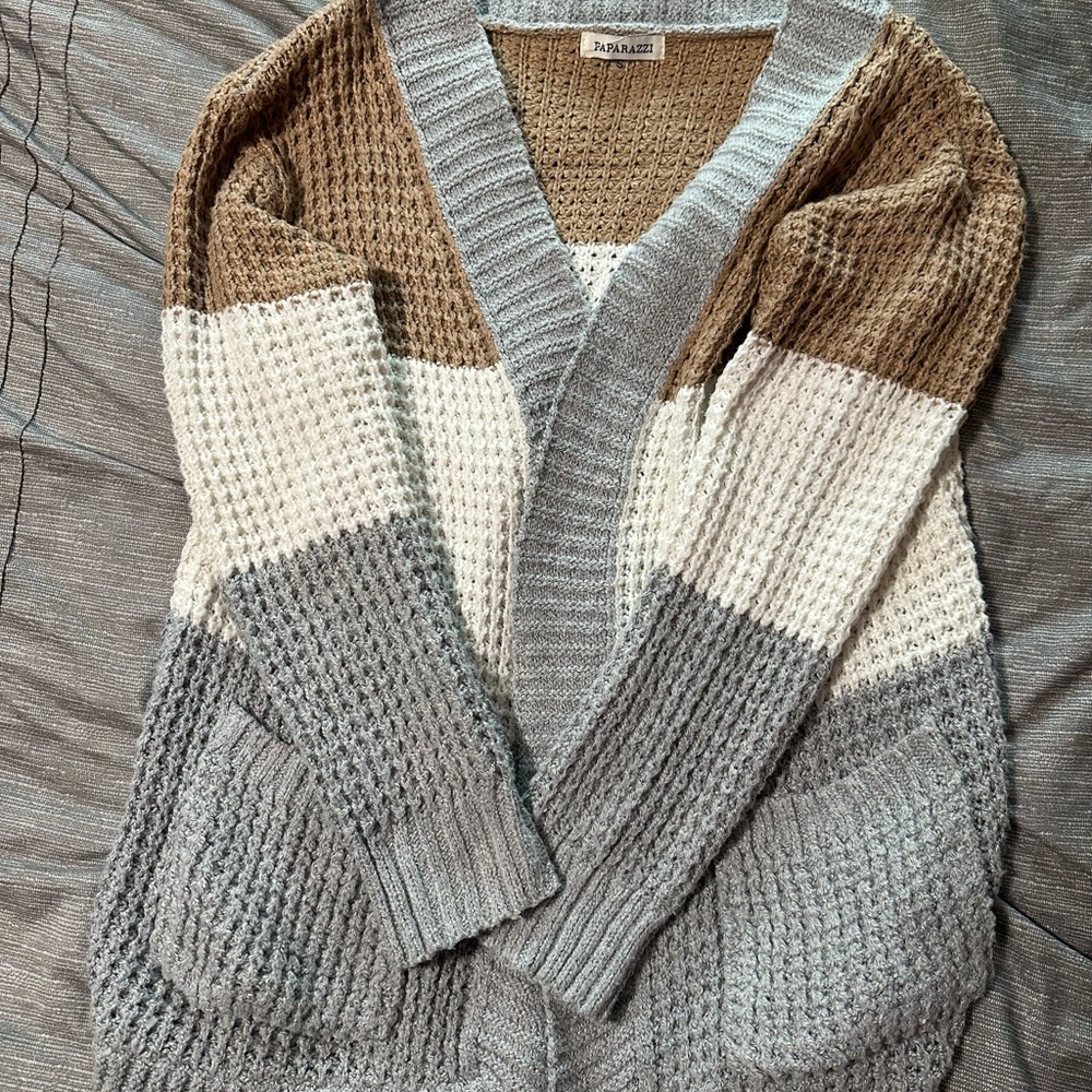 Paparazzi Women's Colorblock Cardigan - Brown, White, and Gray